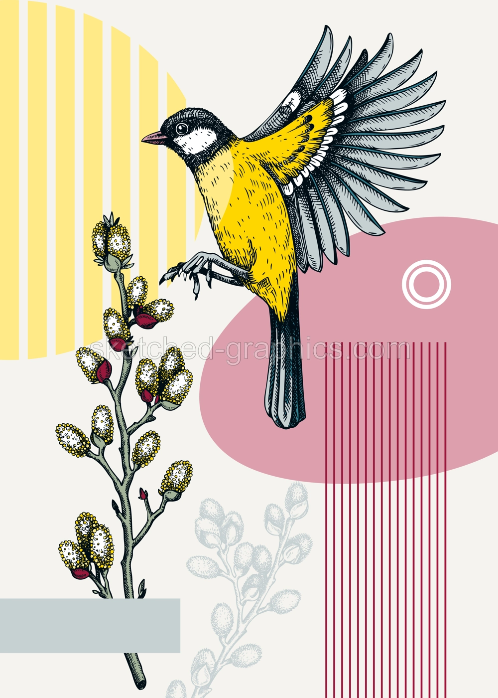 Collage style spring card or poster modern design. Flying great tit and willow branches vector sketch. Hand drawn passerine bird, floral elements and geometric shapes. Trendy wildlife illustration. Illustration